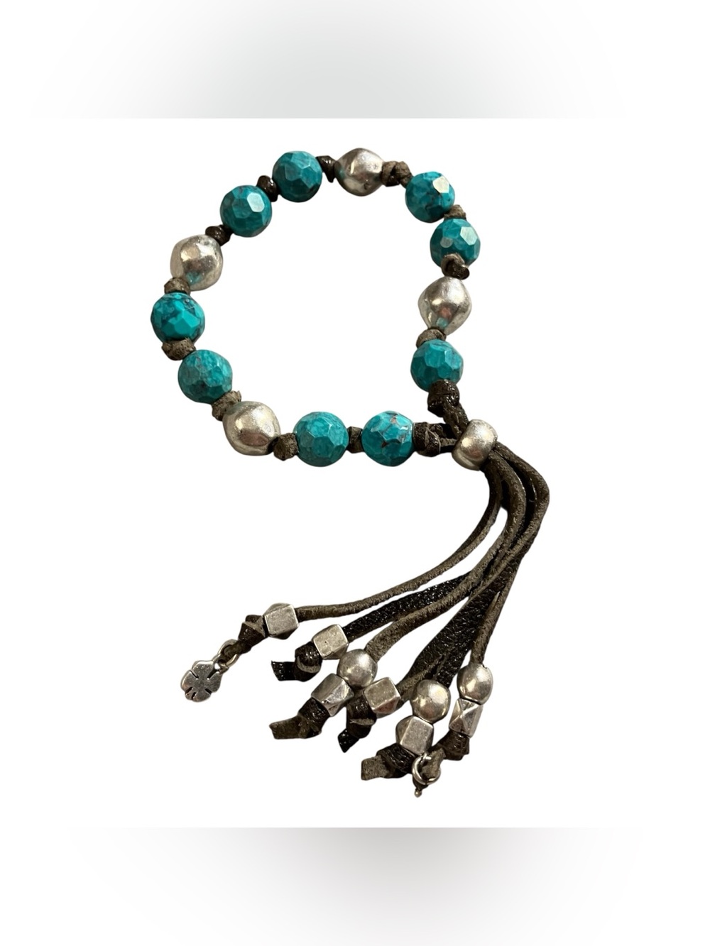 Lucky Brand Faux Turquoise Aged Silver Tone Bead Bracelet on Leather Adjustable